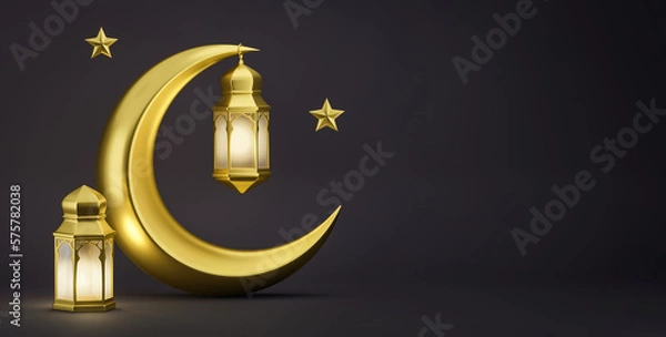 Fototapeta Ramadan Kareem. Ramadhan or Eid Mubarak greeting background. Golden Moon and lantern 3d render