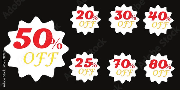 Obraz Sale tag speech bubble red shape with different discount percentages. 10, 20, 30, 40, 50, 60, 70, 80 and 90 percent price clearance sticker badge banner label vector illustration isolated
