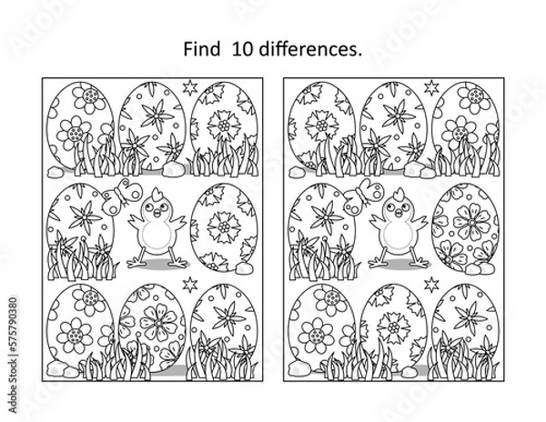 Fototapeta Easter difference game with chick and painted eggs
