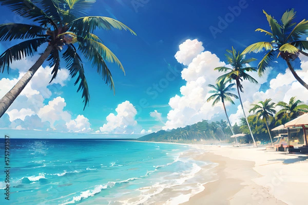 Fototapeta 南国のビーチ　夏の海　バカンス　イラスト  generative ai