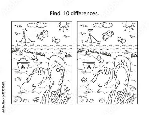 Fototapeta Find 10 differences visual puzzle and coloring page. Summer vacation scene with flip-flops, yacht, toy bucket at the beach

