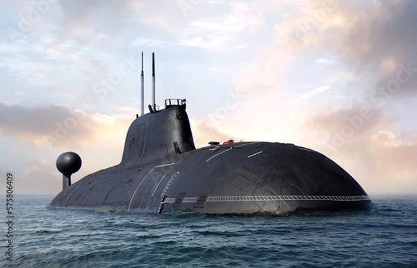 Fototapeta Naval submarine on open sea surface under cloudy sky