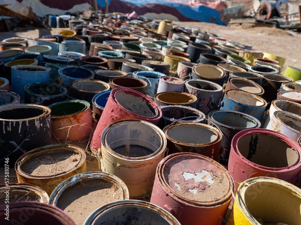 Fototapeta Colorful weathered paint cans in group