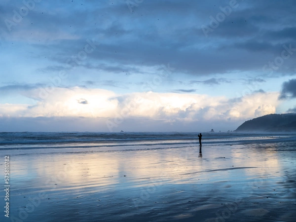 Fototapeta Man taking photo's silhouette reflected on beach