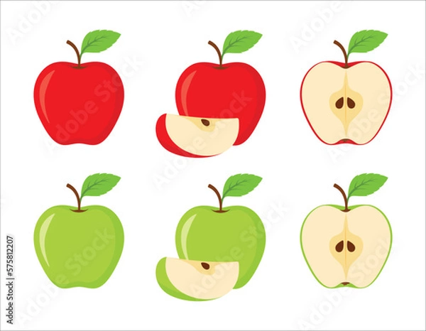 Obraz Apple fruit vector set in red and green colour. Set of apples and sliced apples isolated on white background. Whole, half, slice of red and green apple fruit with green leaves. Vector illustration