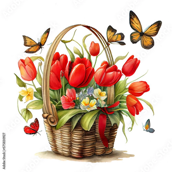 Fototapeta Watercolor spring bouquet of red tulips in a basket on a white background. Flowers and butterflies