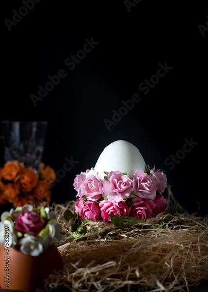 Fototapeta Easter eggs in a nest with flowers on a black background.