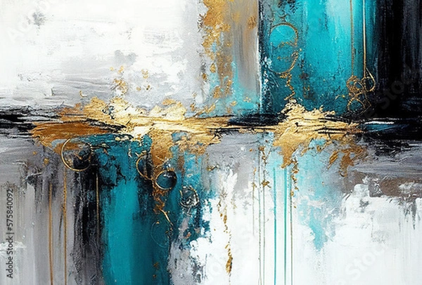 Fototapeta Splashes of bright paint on the canvas.Gold, black, blue and gray colors. Interior painting. Beautiful background. Generative AI.