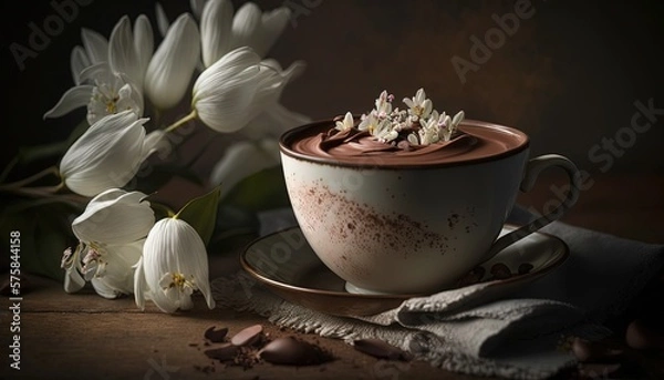 Obraz Artistic beautiful romance hot chocolate with whipped cream beverage serve in glass with spring flowers, idea for background or wallpaper, Generative Ai