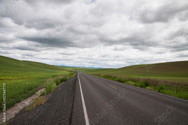 Fototapeta Road passing through wheat fields on hills