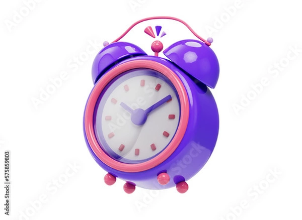 Fototapeta 3D cartoon alarm clock. Time management and wake-up reminder concept. Cartoon style design 3D icon isolated on a white background. 3D rendering.