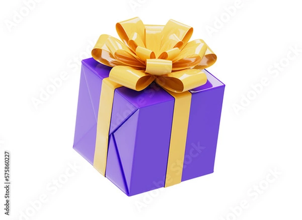 Fototapeta 3D gift box icon. Purple gift box with ribbon and bow. Holiday present concept. Loyalty program reward. Cartoon holiday gifts. Cartoon style design 3D icon isolated on white background. 3D rendering.