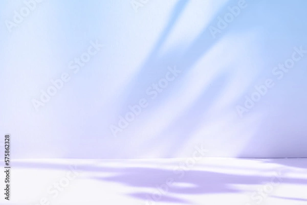 Fototapeta Abstract purple studio background for product presentation. Empty room with shadows of window and flowers and palm leaves . 3d room with copy space. Summer concert. Blurred backdrop.