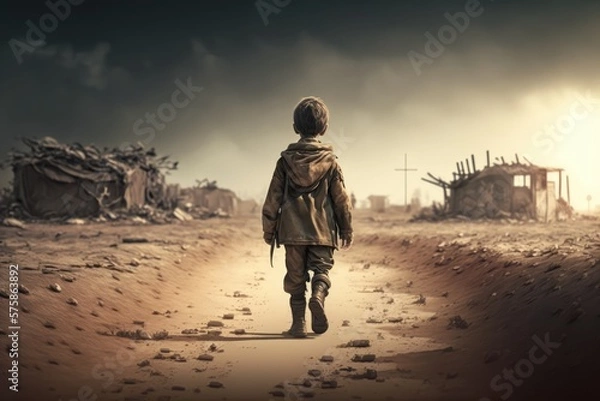 Fototapeta Children alone in the middle of a war zone, made with generated ai