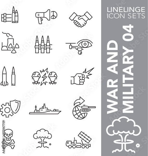 Fototapeta Thin line icon set of war, military conflict, weapons and ammunition symbols