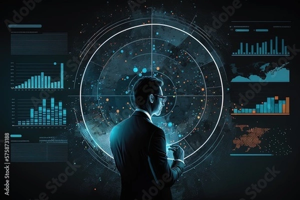 Obraz An illustration of a businessman analyzing data in charts in a big screen. Concept: Data mining by an asian man analyst. 