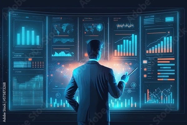 Obraz An illustration of a businessman analyzing data in charts in a big screen. Concept: Data mining by a man analyst. 