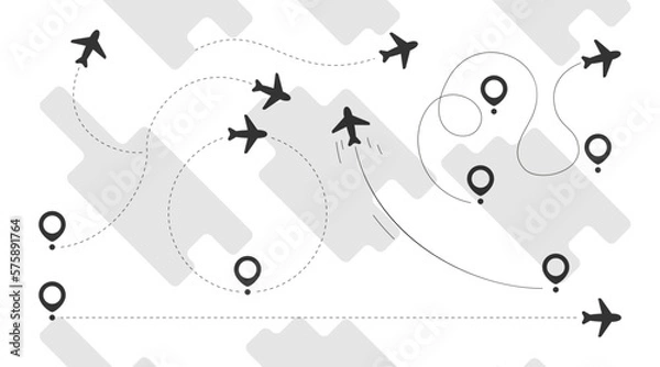 Obraz Plane fly route with map pointer collection in black