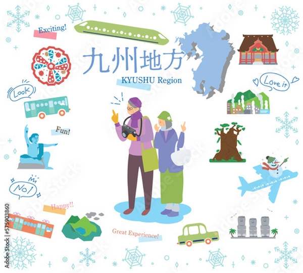 Fototapeta 日本の九州地方の冬の名物観光を楽しむシニア夫婦、アイコンのセット（フラット）