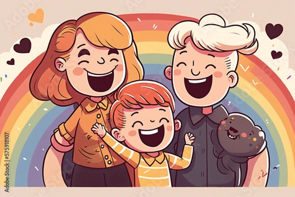 Fototapeta Cartoon style illustration of a smiling kid happy with LGBTQ family - AI generative