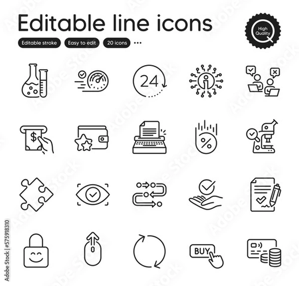 Fototapeta Set of Technology outline icons. Contains icons as Loan percent, Lock and Speedometer elements. Approved, Biometric eye, Buy button web signs. Chemistry lab, Approved agreement. Vector