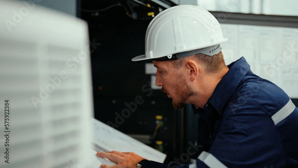 Obraz Caucasian production engineer in safety wear is reading the manual of a machine to find an error. A male factory worker is checking the industrial control panel of a robotic machine for maintenance.