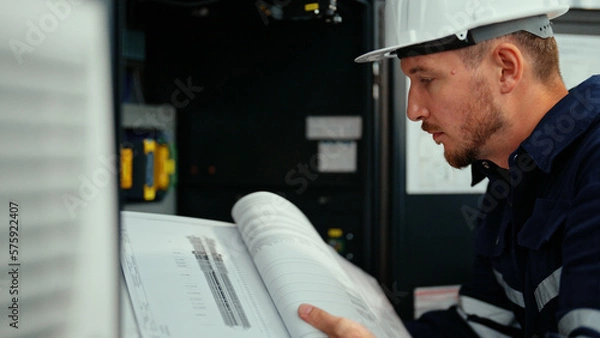 Obraz Caucasian production engineer in safety wear is reading the manual of a machine to find an error. A male factory worker is checking the industrial control panel of a robotic machine for maintenance.