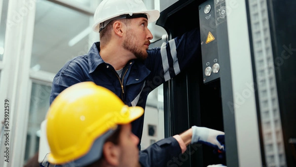 Obraz Two Caucasian production engineers in safety wear are assisting in adjusting and maintaining CNC machine in the factory. Male factory workers are examining the industrial machine to find an error.