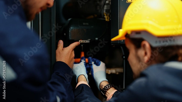 Obraz Close-up of two Caucasian production engineers in safety wear assisting in adjusting and maintaining CNC machine in the factory. Male factory workers are examining the industrial machine to fix it.