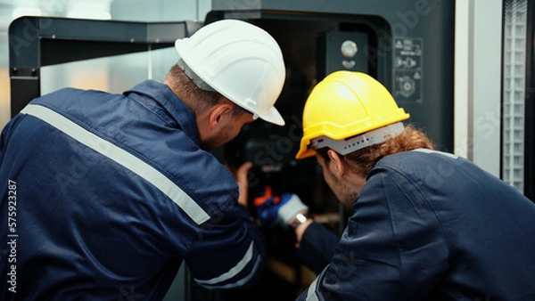 Obraz Back view of two Caucasian production engineers in safety wear assisting in adjusting and maintaining CNC machine in the factory. Male factory workers are examining the industrial machine to fix it.
