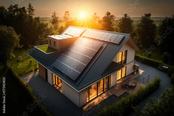 Obraz photovoltaic solar panels in modern house roof. sustainable energy concept. generative ai