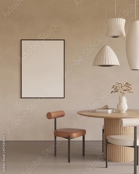 Fototapeta Modern japandi dining room interior with empty poster frame mock up , dining table with chairs , pendant light , 3d rendering
