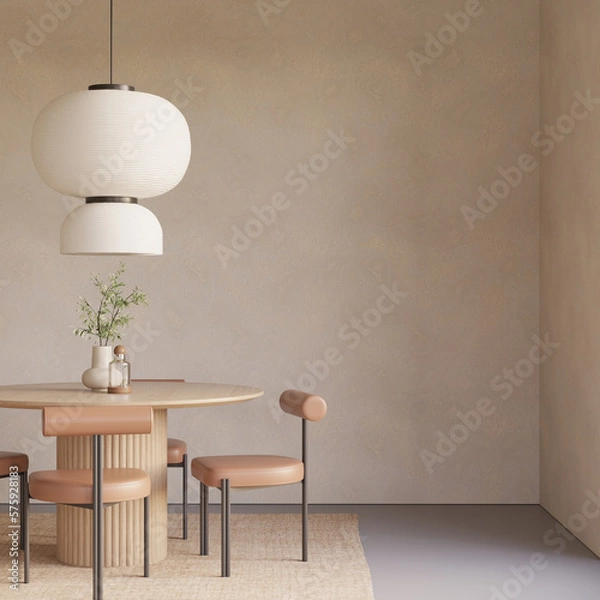 Fototapeta Modern japandi dining room interior with empty wall , dining table and chairs , pendant light , decor , 3d rendering