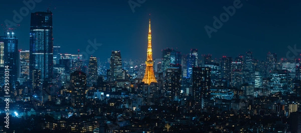 Fototapeta 日本　東京都渋谷区の恵比寿ガーデンプレイスタワーのスカイラウンジから眺める東京の夜景と東京タワー
