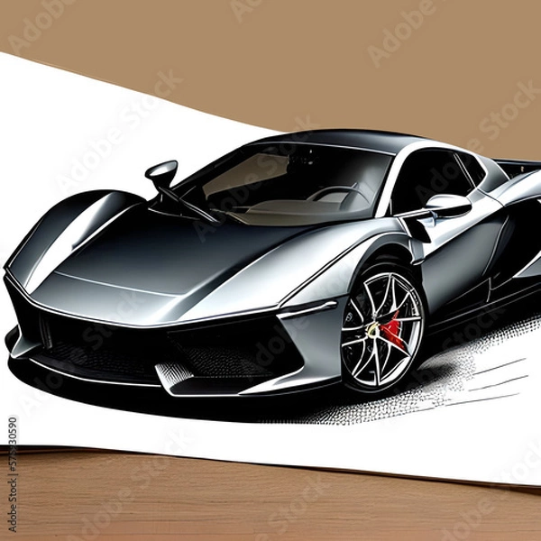Fototapeta Modern sportcar illustration. City car model pen drawing, transportation company logo concept, modern car clipart