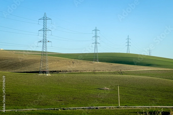Fototapeta Electricity network poles on a rural area with a green field