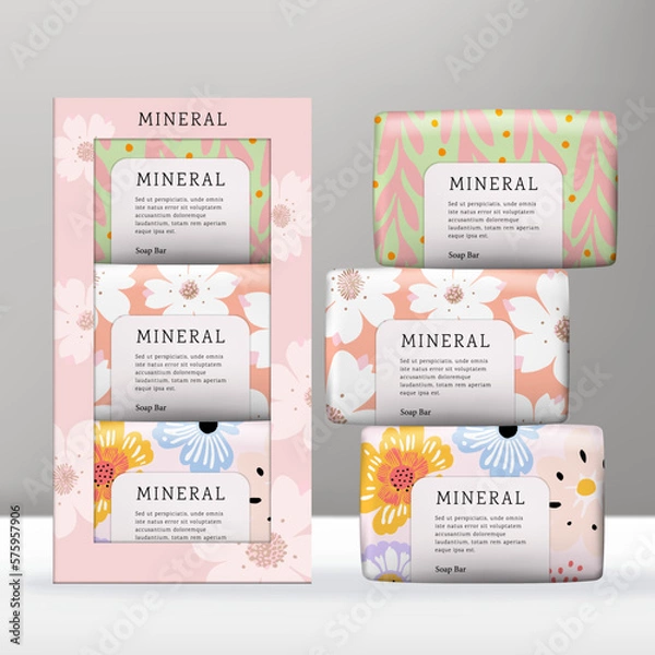 Obraz Vector Beauty Gift Box Packaging Soap Set with Floral Pattern Wrapping.