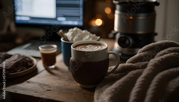 Obraz A steaming cup of tea or hot chocolate, with a cozy blanket and a book and laptop in the background, with the golden crema swirling on top