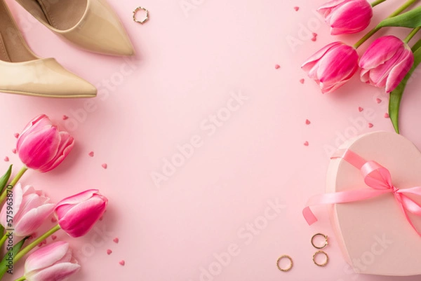 Fototapeta Women's Day concept. Top view photo of bunches of fresh flowers tulips heart shaped present box beige high-heel shoes gold rings and sprinkles on isolated pastel pink background with copyspace