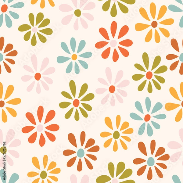 Fototapeta Cute colorful daisies. Simple seamless pattern with flowers. Botanical fun background. Summer floral print. Hand drawn daisy.