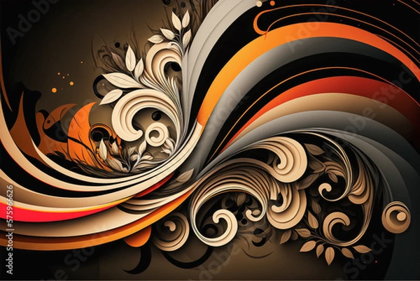 Obraz An abstract design with swirls and leaves on a brown and orange background. Generative AI.