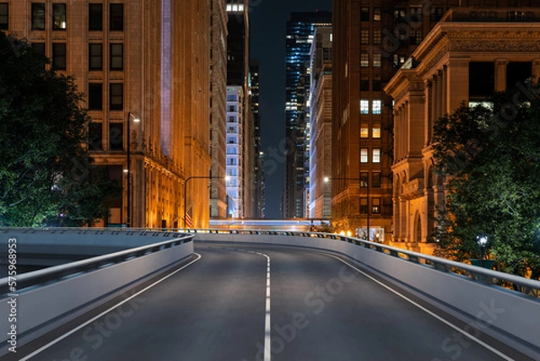 Fototapeta Empty urban asphalt road exterior with city buildings background. New modern highway concrete construction. Concept of way to success. Transportation logistic industry fast delivery. Chicago. USA.