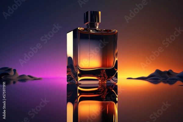 Fototapeta Perfumery. Minimal composition with perfume bottle on the water. Created with Generative AI technology.