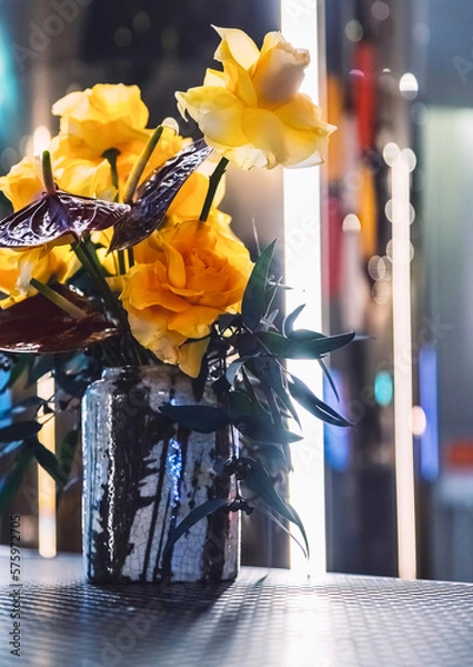 Fototapeta Roses in Vase with colourful lights background.