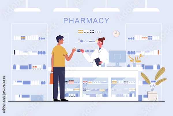 Obraz pharmacy with pharmacist and client in counter. drugstore cartoon character design vector illustration
