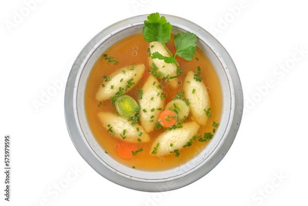 Fototapeta Kräftige bayerische Grießnockerlsuppe im Teller  isoliert auf weißem Hintergrund – Bavarian, Swabian and Austrian dish, semolina dumplings  in a vegetable broth on white background