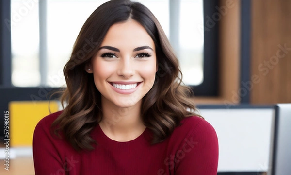 Obraz Portrait of young woman in a busy modern workplace, office environment in the background. create with Generative AI