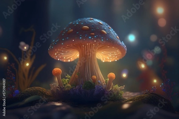 Fototapeta A glowing fantasy mushroom,digital illustration generative AI