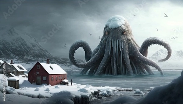 Obraz Giant kraken looking at town