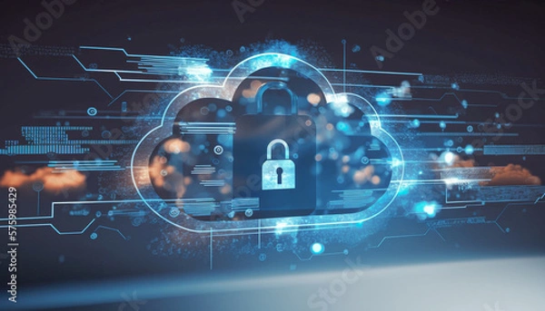 Fototapeta Cyber security, cloud data protection, lock, cyberattacks concept on dark blue background. Database security software development. Online security concept. AI